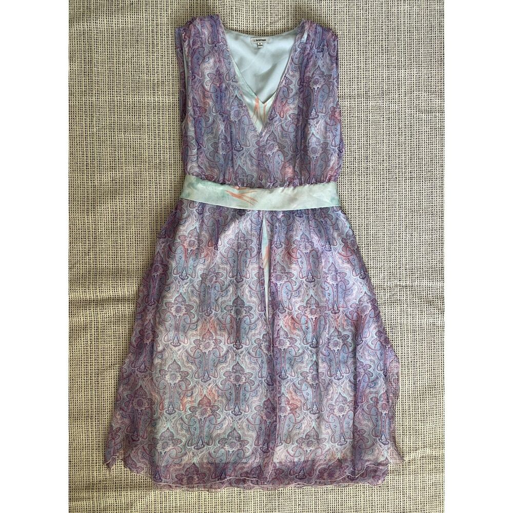 J. Peterman Women Silk Dress 8 Lavender Paisley Sleeveless Midi Empire Waist - Picture 1 of 8